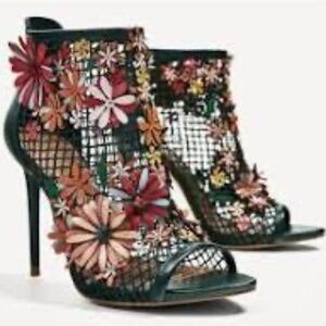 NEW WITH TAGS.  Zara Green Caged Mesh Heels with Flowers Size 39